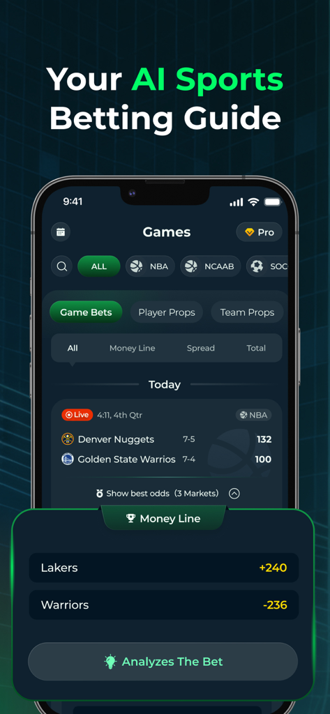 Picks AI - Sports Betting Tool - AI sports betting app dashboard showing NBA game odds and betting analysis