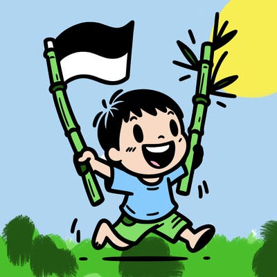 gambar anak gembira, membawa tongkat bambu dengan bendera indonesia diatasnya