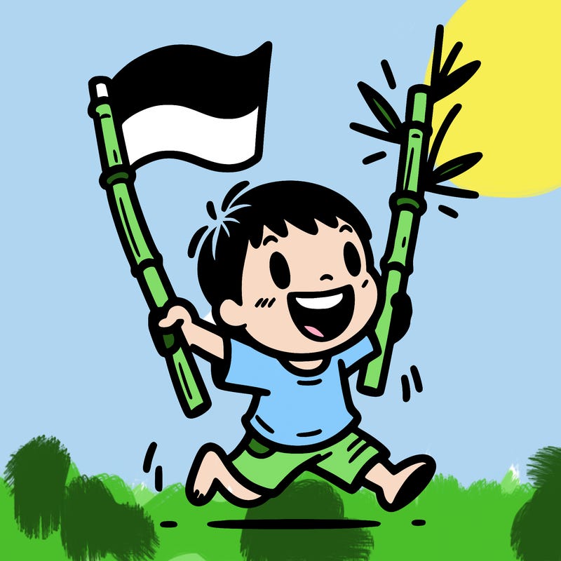 gambar anak gembira, membawa tongkat bambu dengan bendera indonesia diatasnya