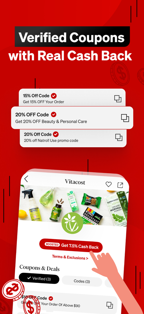 Mobile app interface showing verified shopping coupons and a cash back button for Vitacost.