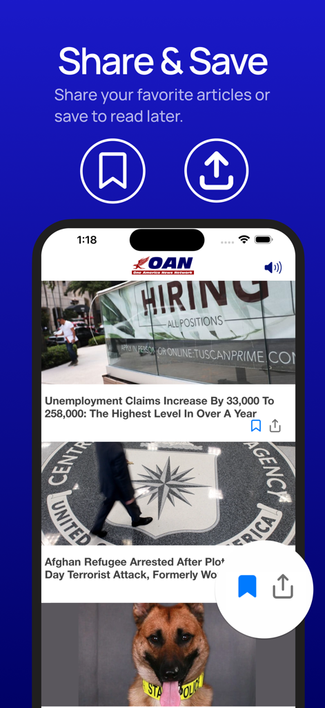 OAN app interface displaying the share and save feature for news articles.