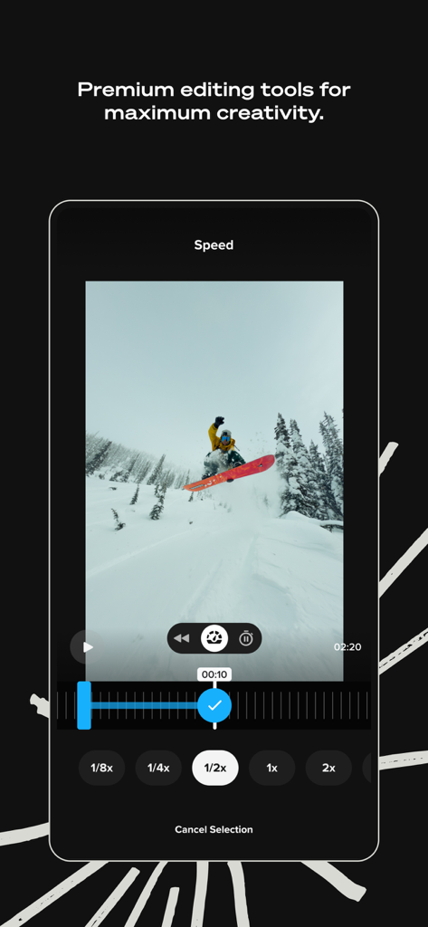 GoPro Quik app interface showing video speed adjustment tools for a snowboarding clip