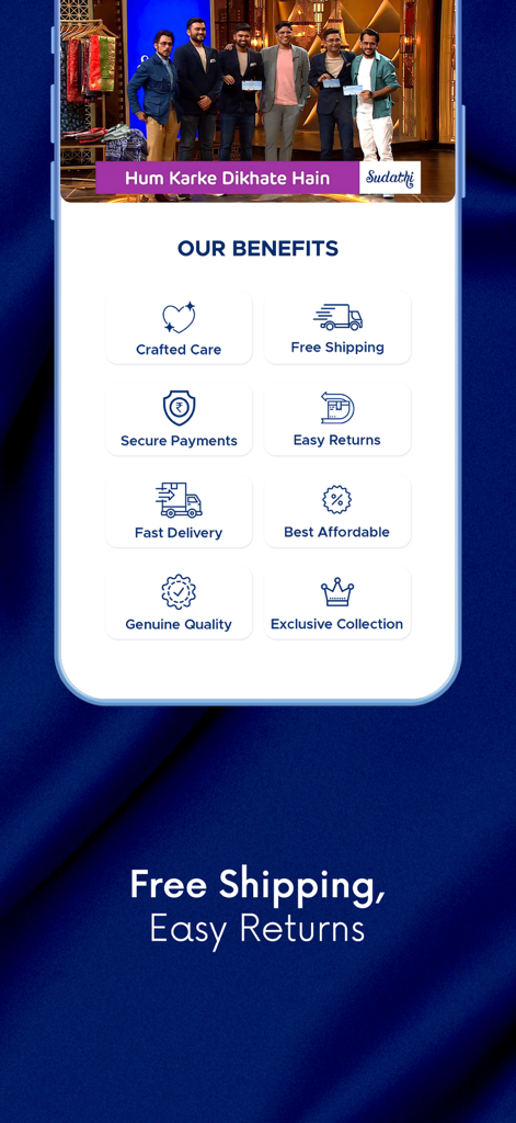 Tela do aplicativo Sudathi mostrando benefícios de compras, incluindo frete grátis, pagamentos seguros e devoluções fáceis