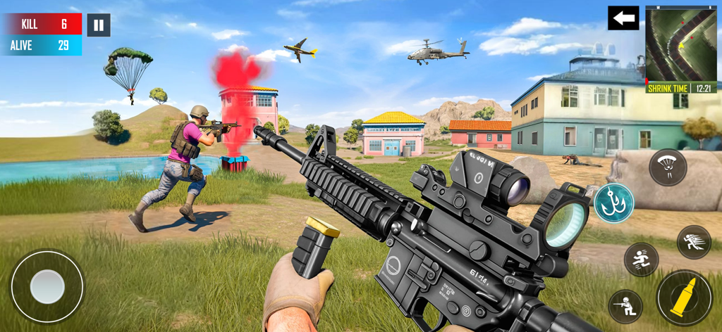 First-person perspective of a player holding a rifle in a mobile battle royale game environment with parachutes and helicopters.