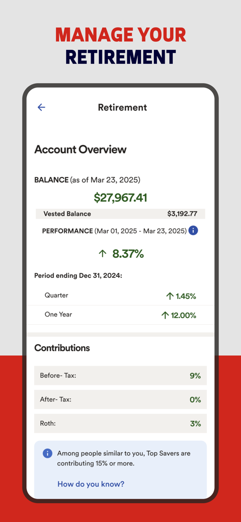 ADP Mobile Solutions app interface showing a retirement account overview with balance and contribution details