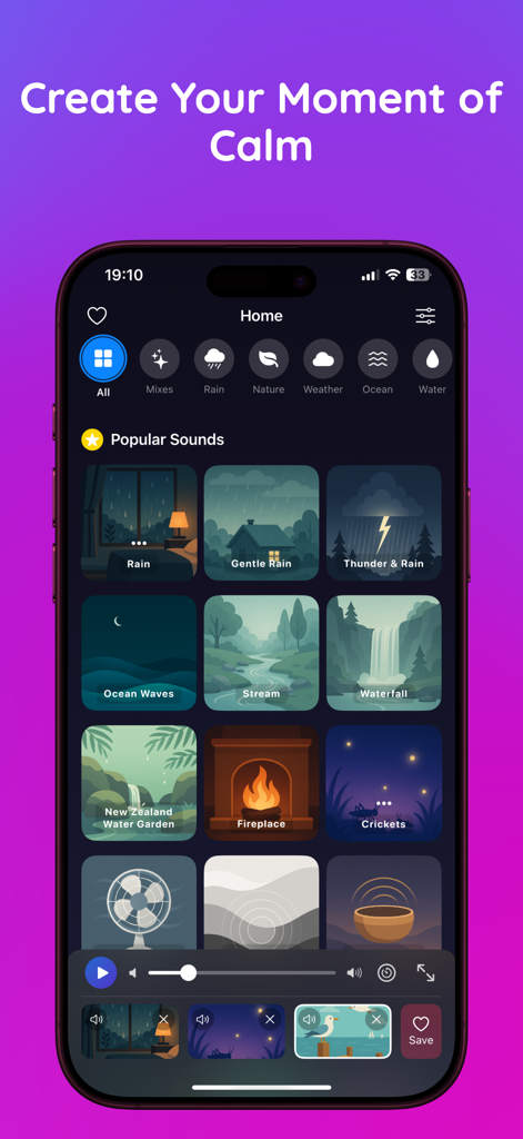 Softly: Sleep & Relax Sounds - Home screen of the Softly app displaying a library of popular relaxation and sleep sounds including rain and nature.