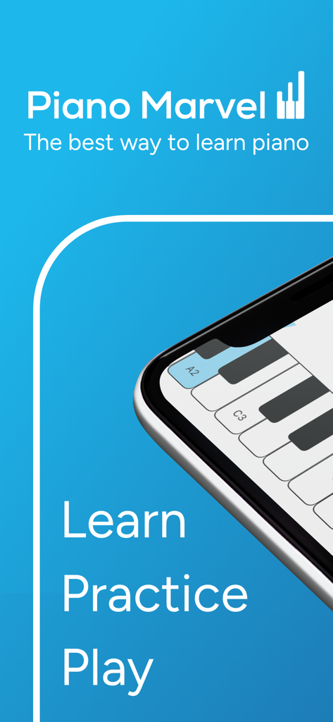 Piano Marvel app displaying the words learn practice and play next to a digital piano keyboard