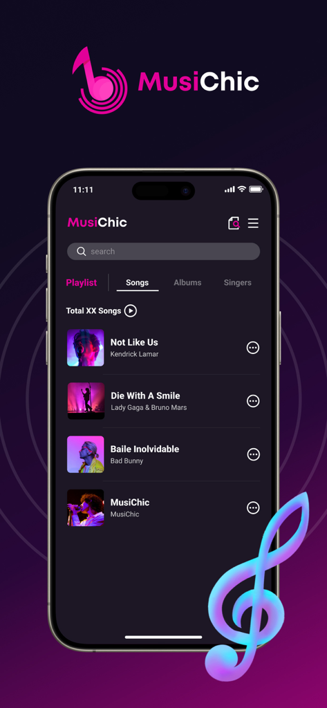 MusiChic-Offline Music Player - MusiChic App-Songliste mit Offline-Musikwiedergabe und elegantem dunklen Design