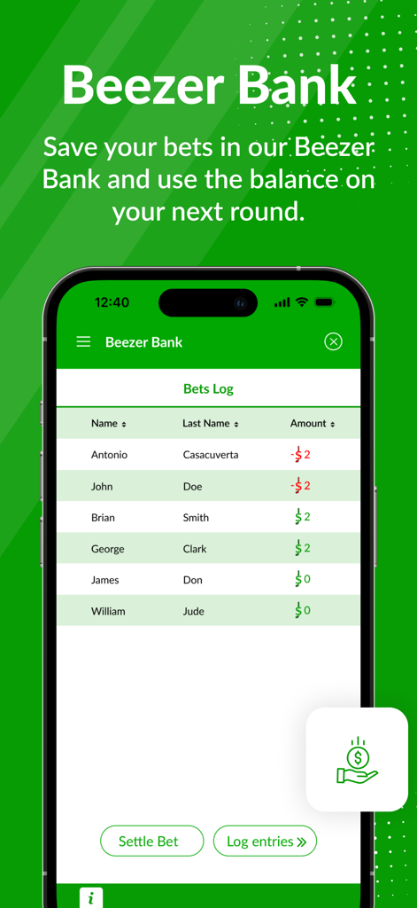La pantalla de La Caja Beezer en la aplicación Beezer Golf mostrando un registro de las apuestas de los jugadores y los saldos