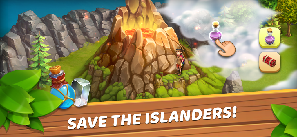 Funky Bay – Farm & Adventure - Un personaggio esploratore vicino a un vulcano pieno di lava a Funky Bay con la scritta "Salva gli isolani"