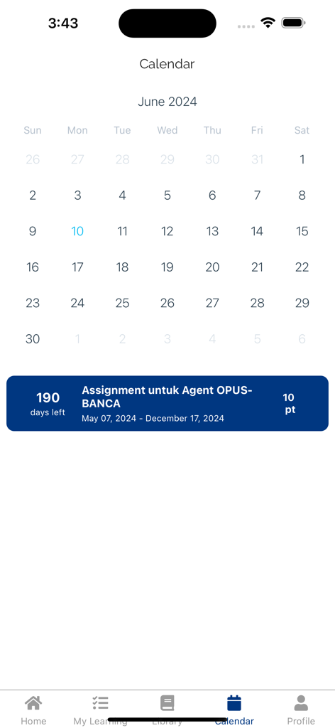 Allianz Learn - The calendar interface of the Allianz Learn app displaying training assignments and deadlines for insurance professionals.