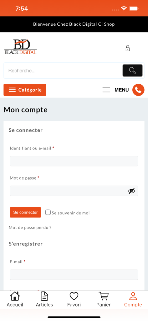 Black Digital - Tela de login e registro de conta do aplicativo Black Digital