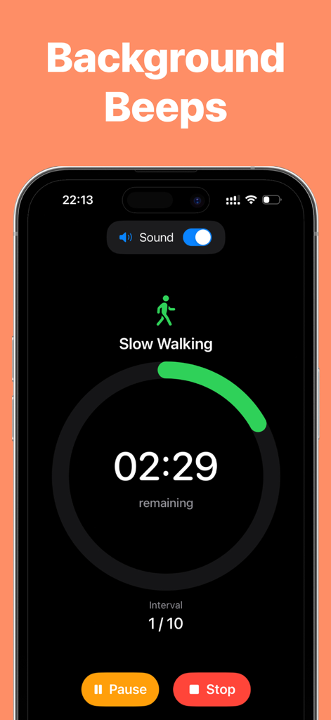 Japanese Walking Method - Interface of the Japanese Walking Method app showing an interval countdown timer for slow walking with sound beeps enabled