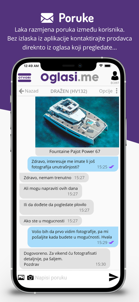 Oglasi - In-app messaging screen of the Oglasi marketplace app showing a chat between a buyer and seller about a boat listing.
