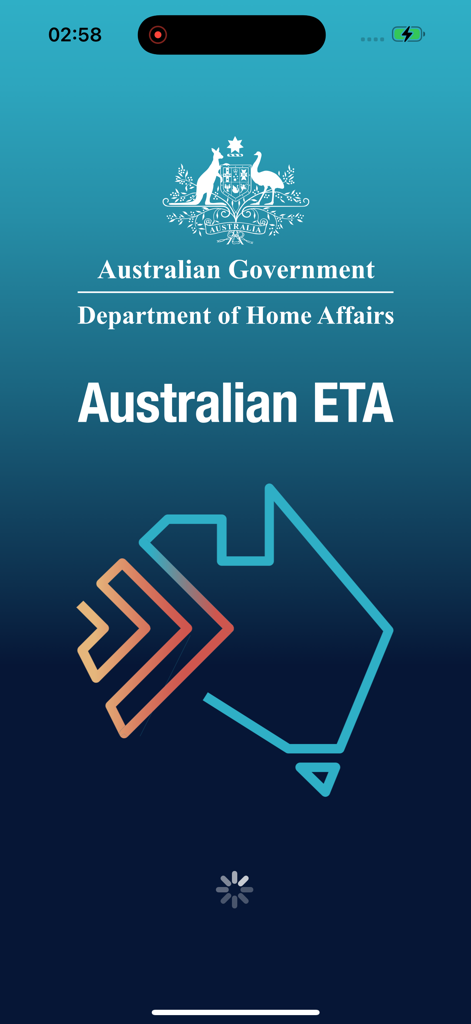 AustralianETA - Pantalla de bienvenida de la aplicación Australian ETA que muestra el logotipo del Departamento de Asuntos Internos del Gobierno Australiano y un mapa estilizado de Australia