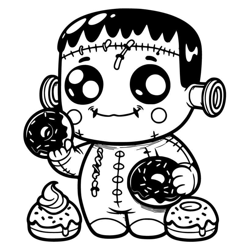 a cute frankenstein eating donuts