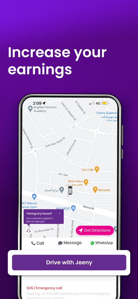 Jeeny - Drive and earn money - Jeeny app interface showing a map with navigation tools and a call to action to drive and earn money.