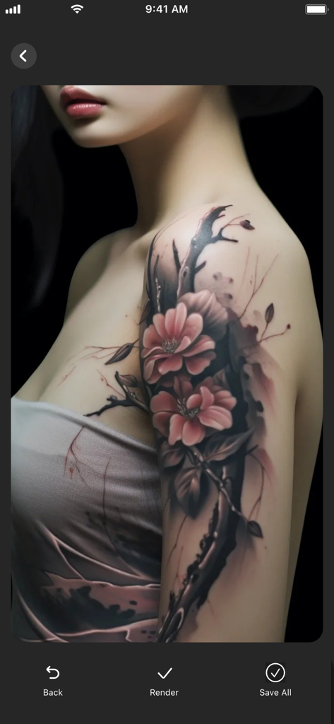 Ombro de uma mulher com uma tatuagem detalhada de flores e galhos gerada por um aplicativo de edição de fotos com IA