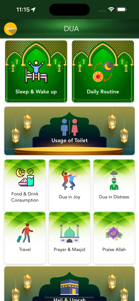 Mobile app screen showing a list of Dua categories for daily Islamic prayers