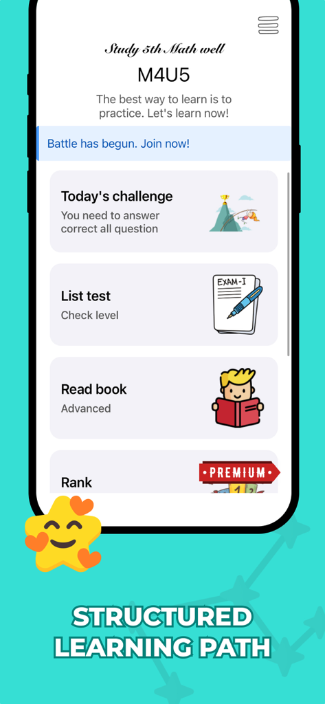 5th grade learning games - Una interfaz de aplicación móvil para el aprendizaje de matemáticas de 5º grado que presenta un camino de aprendizaje estructurado con desafíos, pruebas y libros educativos.