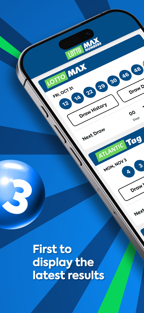 Interfaz de la app móvil Lotto Max mostrando los últimos números ganadores de la lotería e información del sorteo