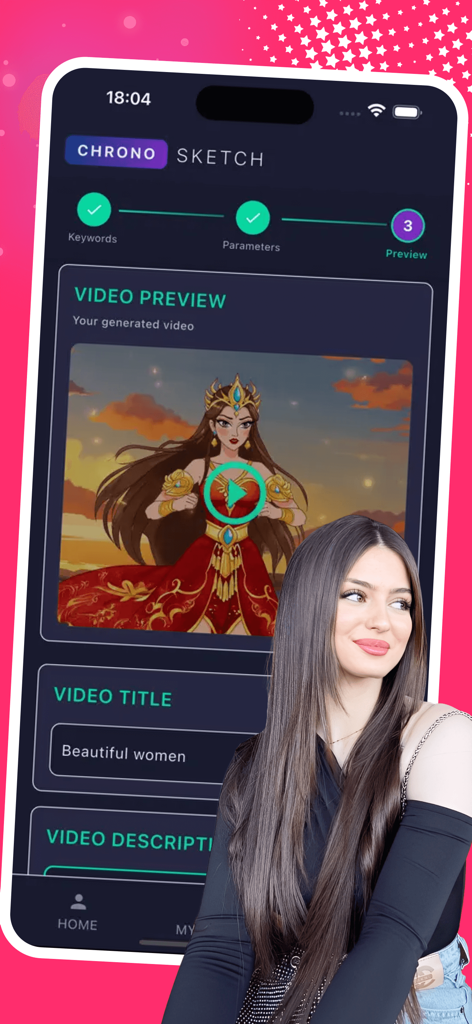 Una interfaz móvil para la aplicación ChronoSketch que muestra una vista previa de video generada por IA de un personaje de fantasía junto a una joven creadora.