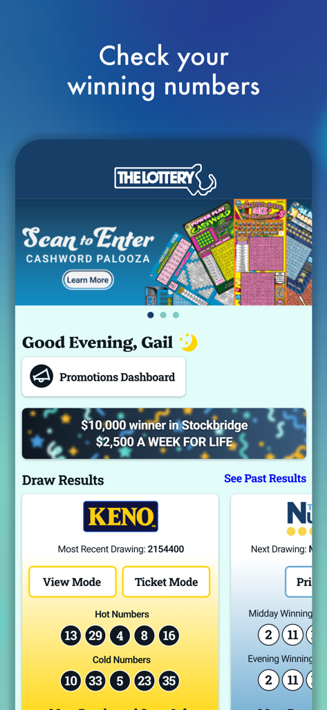 MA Lottery - Massachusetts Lottery app dashboard showing winning numbers and Keno draw results