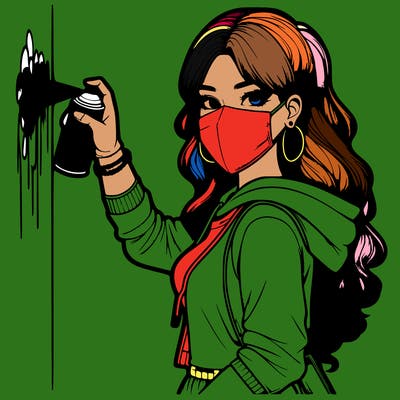 realistic girl with mask spray painting a wall