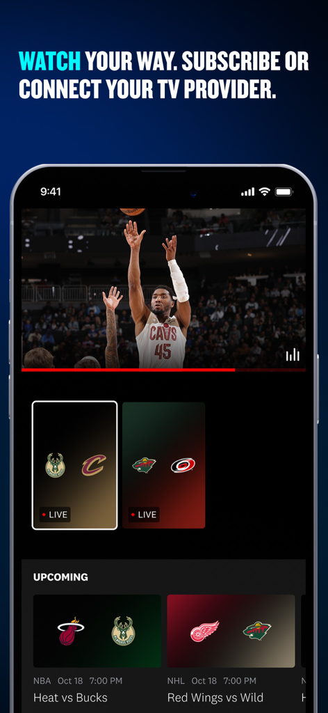 FanDuel Sports Network mobile app displaying a live basketball game and upcoming sports schedules