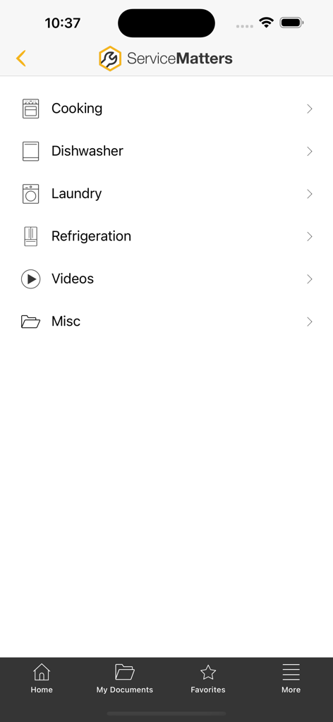 ServiceMatters - Main menu of ServiceMatters app displaying appliance repair categories like cooking laundry and refrigeration