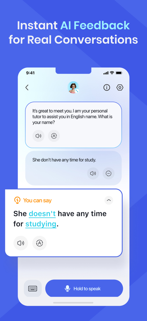 Hablo: Speak & Learn English - Hablo app interface showing AI tutor correcting grammar in an English conversation