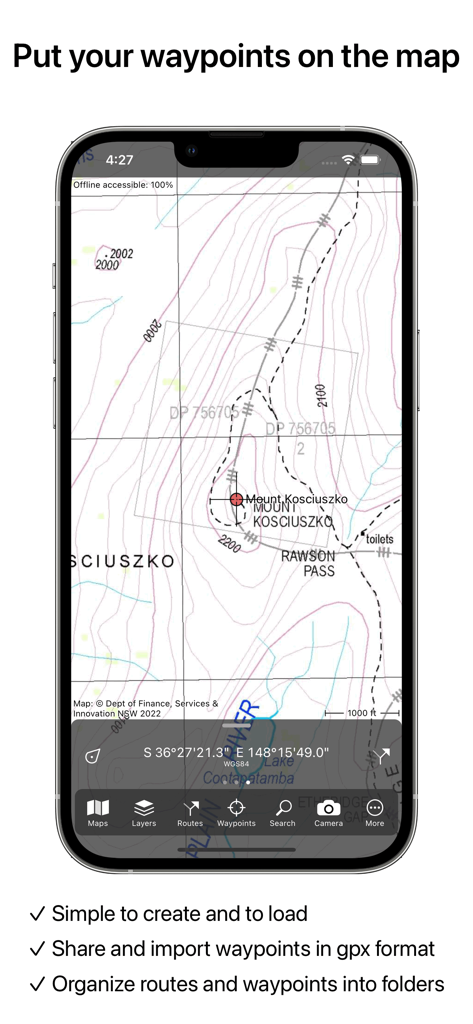 Smartphone screen displaying Topo GPS with a waypoint marked on a detailed topographic map