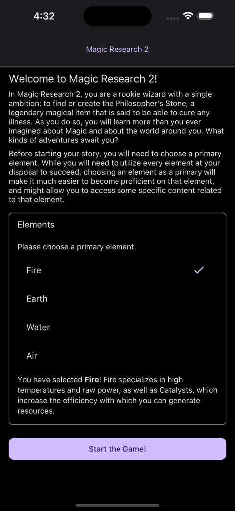 Magic Research 2 - Écran de bienvenue de Magic Research 2 montrant le menu de sélection des éléments primaires avec le feu choisi