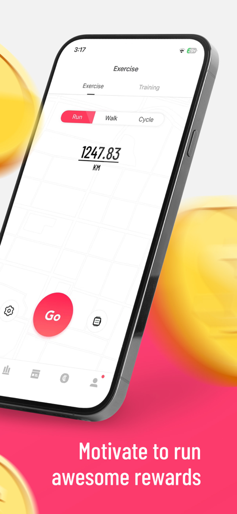 Runtopia app on a phone showing distance tracking and a start button surrounded by gold coins