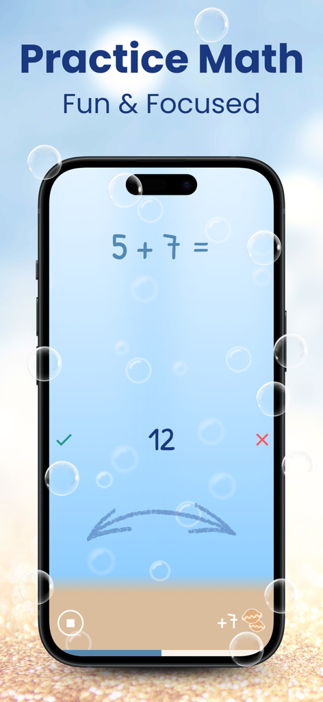 Learn Math For Kids PRO - Smartphone mostrando un problema simple de suma para niños con un tema de burbujas submarinas