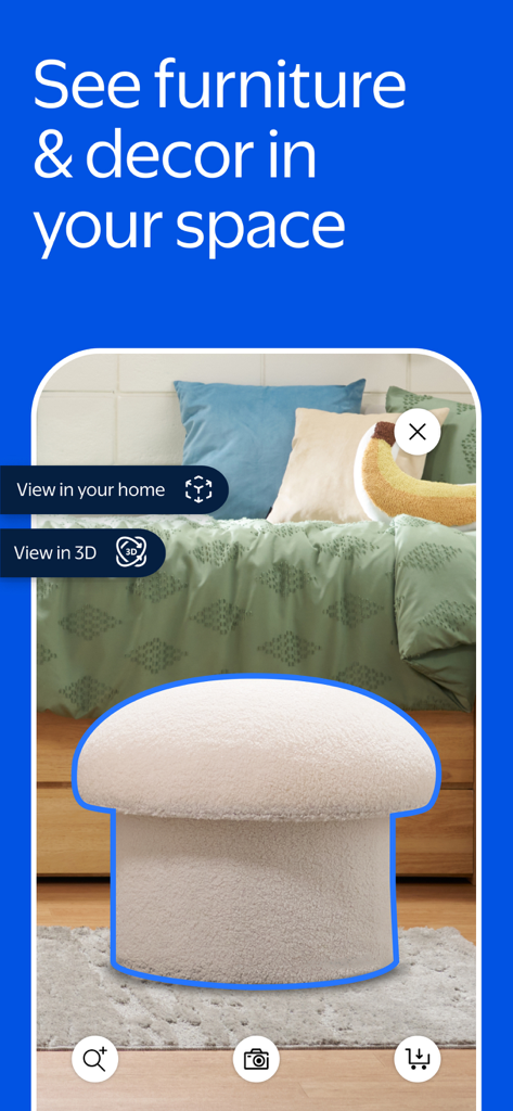 Walmart app augmented reality feature for visualizing furniture and home decor