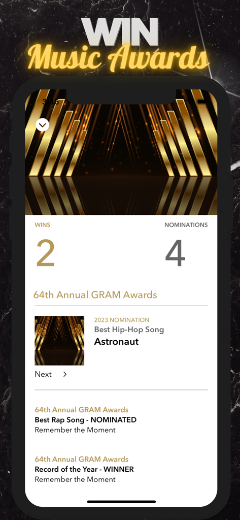 Uma tela de aplicativo mobile do Music Star Life Simulator mostrando vitórias e indicações de prêmios de música, incluindo Gravação do Ano.