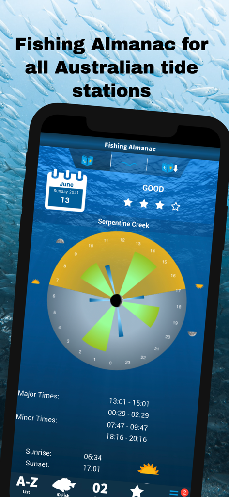 iDfish - A smartphone screen displaying the iDfish app Fishing Almanac feature with tide station data and major fishing times.