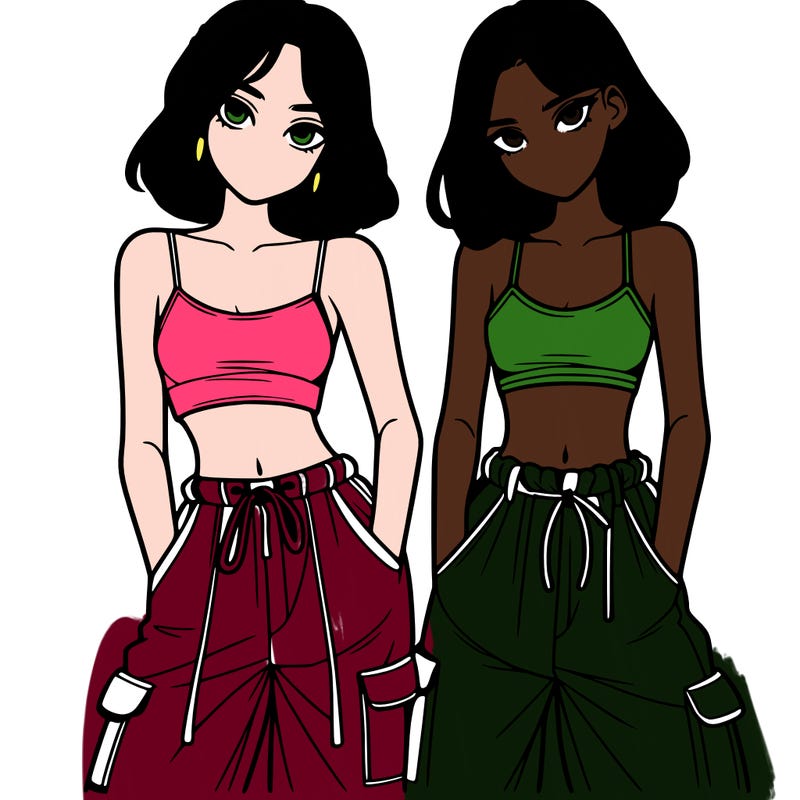 two girls with crop top with baggy pants