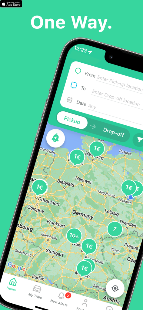 Movacar App-Oberfläche, die 1-Euro-Einwegmietangebote auf einer Deutschlandkarte anzeigt