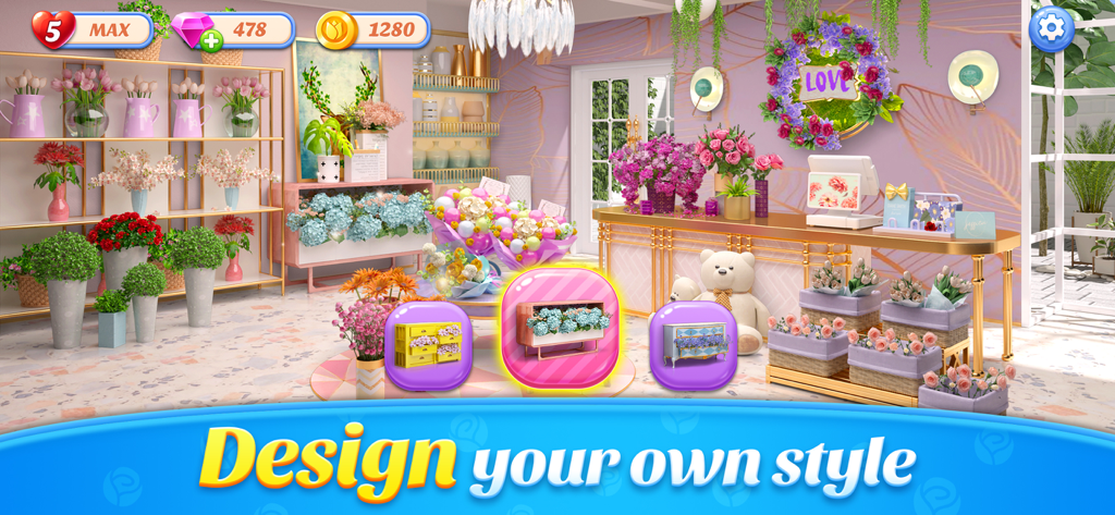 Flower Shop Makeover - Designing the interior of a pink flower shop with decorative furniture options in the game