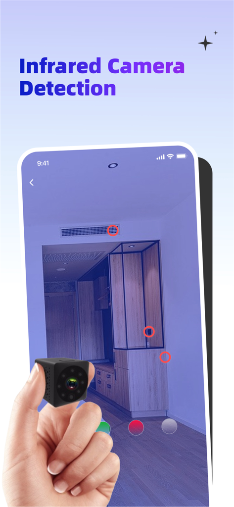 Smartphone interface showing infrared camera detection in a hotel room with red indicators
