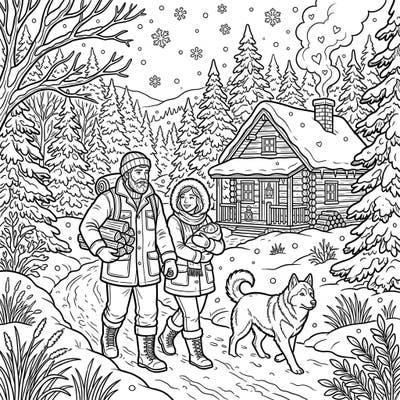 Embark on a heartwarming coloring journey with this beautiful scene featuring homesteaders and their dog navigating a serene winter landscape. Discover the simple joys of family life amidst snowy trees and a cozy cabin awaiting your creative touch.