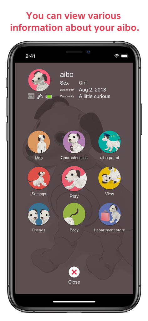 Interfaz de usuario de la aplicación My aibo mostrando un perfil de mascota robótica y varios iconos de menú como Jugar y Ajustes.