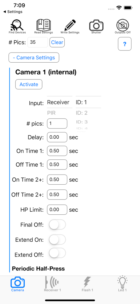 Interface do aplicativo Scout Cam Control mostrando as configurações internas da câmera e controles de temporização para fotografia de vida selvagem