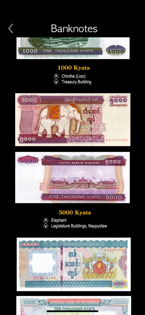 A screen from the app displaying various Myanmar Kyat banknotes with cultural descriptions of the imagery on them.