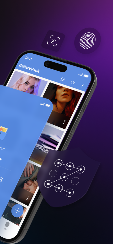 GalleryVault -Hide Photo Video - GalleryVault app interface showing private photo storage with Face ID, Touch ID, and pattern lock security features