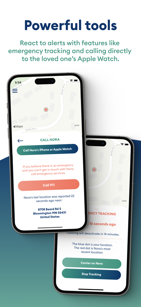 BoundaryCare Watch-Based GPS - BoundaryCare app interface showing emergency location tracking and direct call features on two iPhones.