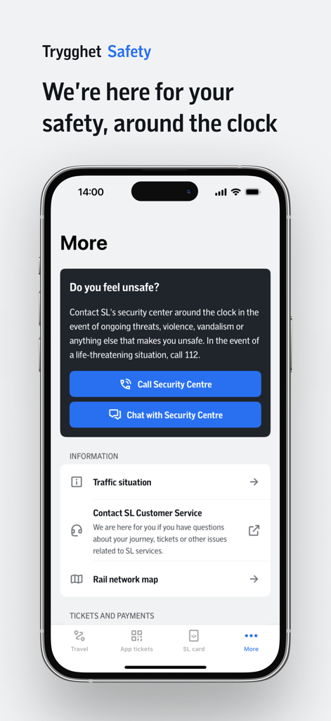 Safety and customer support menu in the SL Stockholm transit app showing options to call or chat with the security center.