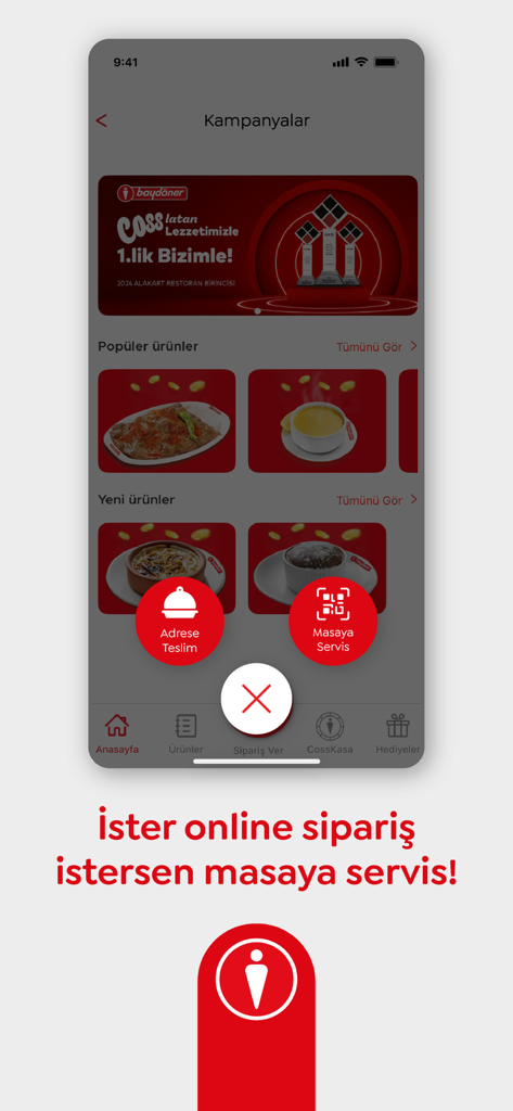 Interface de l'application mobile Baydoner Cossla affichant les options de livraison à domicile et de service à table